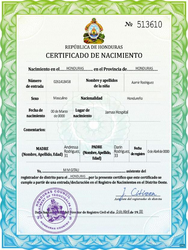 Download Honduras birth certificate in spanish Photoshop template